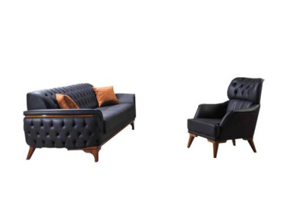 Melns Chesterfield dizainera komplekts luksusa ādas dīvāns dizainera krēsls