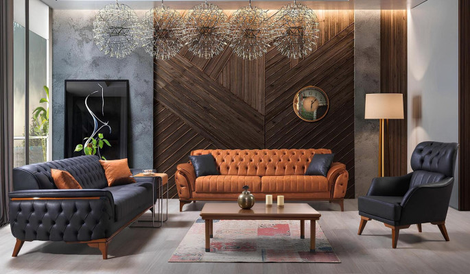 Melns Chesterfield dizainera komplekts luksusa ādas dīvāns dizainera krēsls