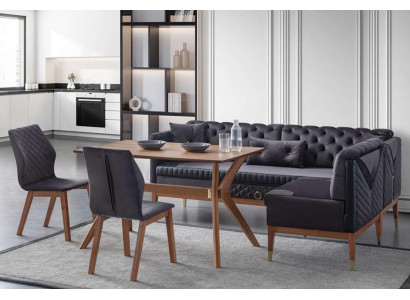 Melni brūni ēdamistabas komplekts Chesterfield stūra soli un dizainera ēdamgalds