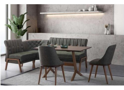 Pelēka ēdamistabas komplekta koka ēdamgalds 2x auduma krēsli stūra dīvāns 4 gabalu komplekts