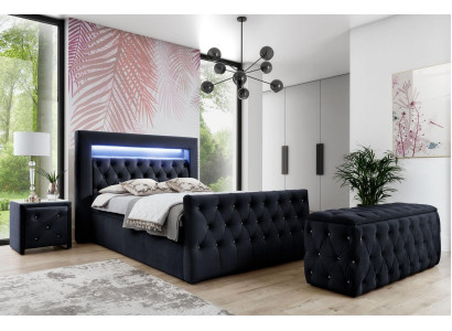 Melns Chesterfield LED auduma gultasvietas komplekts 2 koka naktsēdētājiem 4 gabali.