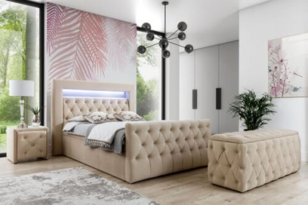 Beidz Chesterfield guļamistabas komplekts - gulta, pufi un 2 naktsstendes.