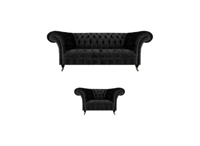Melns Chesterfield līdz gala apsēstais mēbeļu komplekts - iekārta luksusa dzīvojamajai istabai.