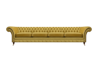 Luksusa dzeltenā krāsa dīvāns četrām personām Chesterfield stilā, audums, jauns dzīvojamo istabu iekārtojums.