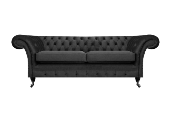 Luksusa melna divvietīga dīvāns no tekstila, Chesterfield stilā, dzīvojamā istaba.