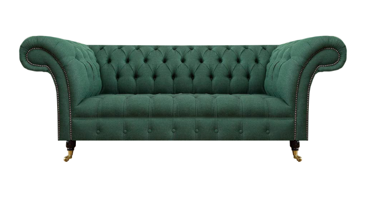 Luksusa trīsvietīgā dīvāna sofa Chesterfield dzīvojamajā istabā zaļā krāsā, jauns ar polsterētu sēdvietu.