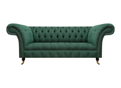 Luksusa trīsvietīgā dīvāna sofa Chesterfield dzīvojamajā istabā zaļā krāsā, jauns ar polsterētu sēdvietu.