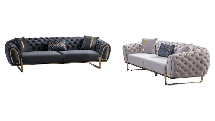 Balti pelēki Chesterfield dīvāngarnitūra Luksusa tekstila dīvāni 2x 3-vietīgi.