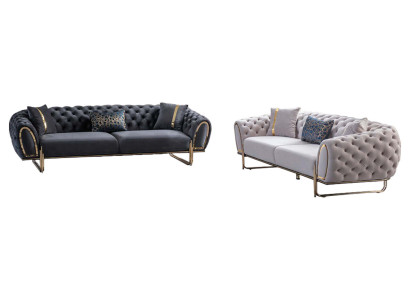 Balti pelēki Chesterfield dīvāngarnitūra Luksusa tekstila dīvāni 2x 3-vietīgi.