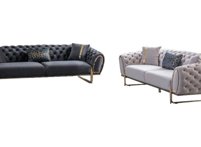 Balti pelēki Chesterfield dīvāngarnitūra Luksusa tekstila dīvāni 2x 3-vietīgi.