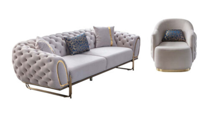 Chesterfield Balts Sofa Komplekts Elegantais 3-vietīgais ekskluzīvais krēsls 2 daļās Jauns