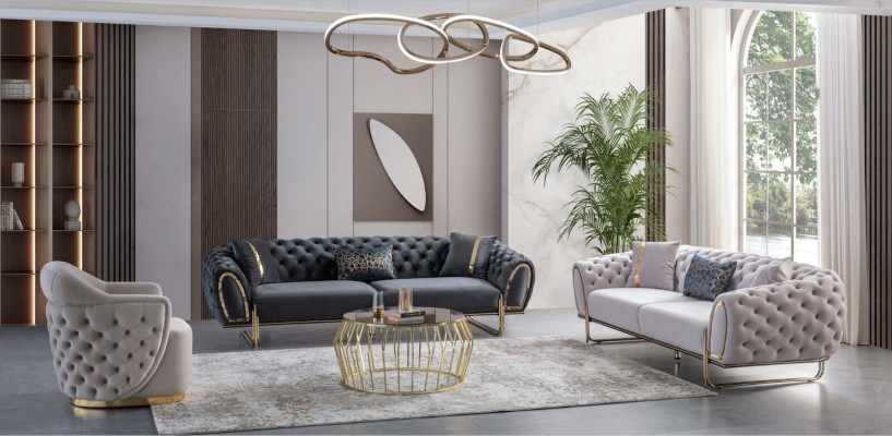 Mūsdienīgs balts Česterfīldas trīsvietīgs luksusa tērauda polsteris dīvāns.