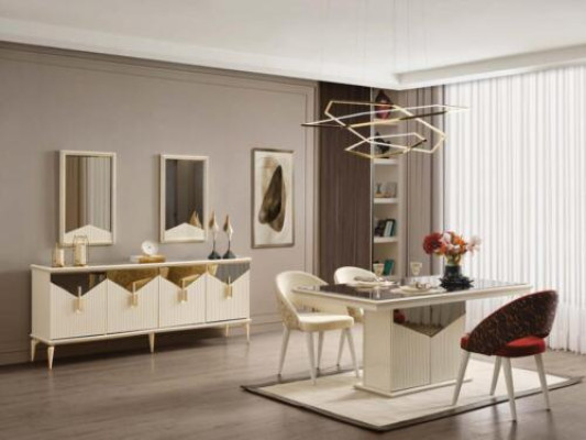 Pilns ēdamistabas galdiņš 2 gabalos, zeltaini koka ēdamistabas galds un skapītis.