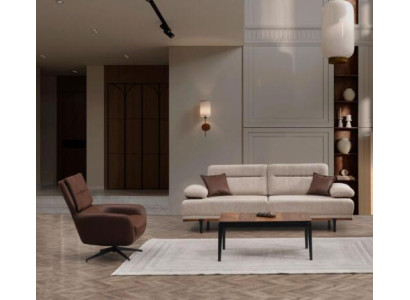 Sofas komplekts Auduma galds Trīsstāvu krēsls Dīvāns Bežs 2 gabali Pārklājuma dīvāns
