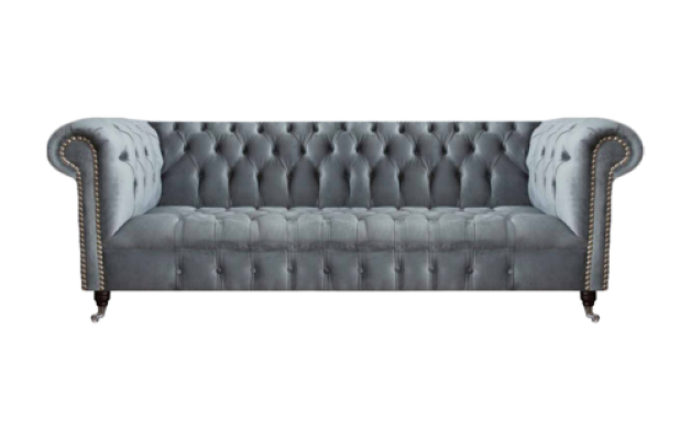Chesterfield dīvāns ar trim sēdvietām, guļamistabas dīvāns, mēbeles, pelēka tekstila apdare, jauna.