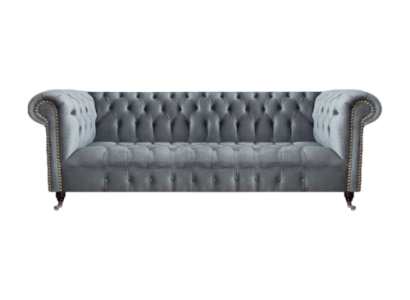 Chesterfield dīvāns ar trim sēdvietām, guļamistabas dīvāns, mēbeles, pelēka tekstila apdare, jauna.