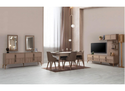 Mūsdienīgs ēdamistabas komplekts ar galda+4 krēsliem+TV zemu kumodziņu+porcelāna plauktu 7 gabalos.