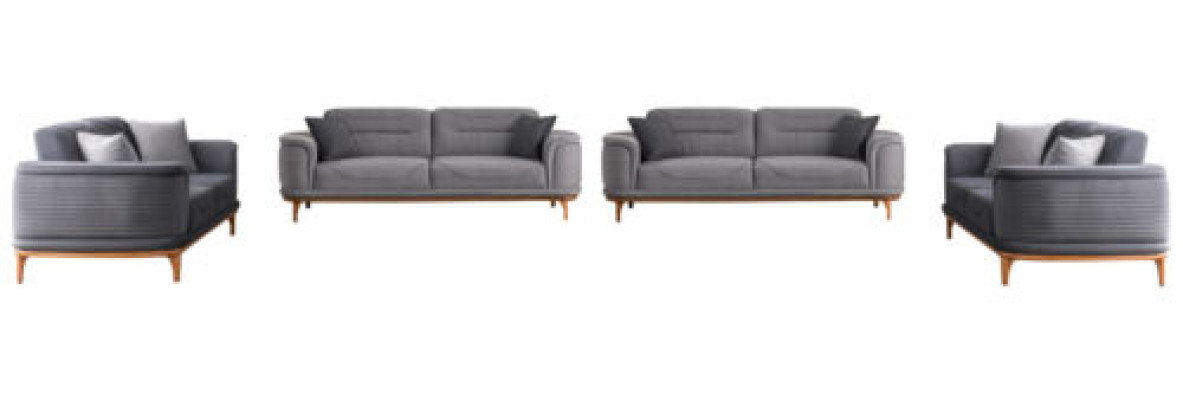 Greznas pelēkas 4 daļu polsterētas mēbeles: trīsvietīgā sofa dzīvojamajai istabai.