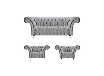 Pelēka 3 daļu mīkstās mēbeles komplekts - 2 krēsli un divvietīgā dīvāna Chesterfield stils