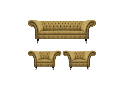 Dzeltens dzīvojamā istaba komplekts. 2 krēsli, "Chesterfield" dīvāns un 3-vietīgā gulta.