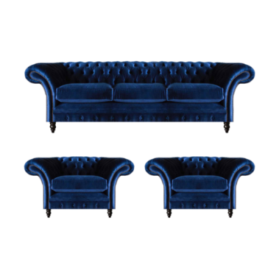 Zils luksusa mīkstais dīvāns komplekts 3 gab. Mēbeļu audums audums chesterfield