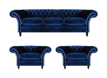 Zils luksusa mīkstais dīvāns komplekts 3 gab. Mēbeļu audums audums chesterfield