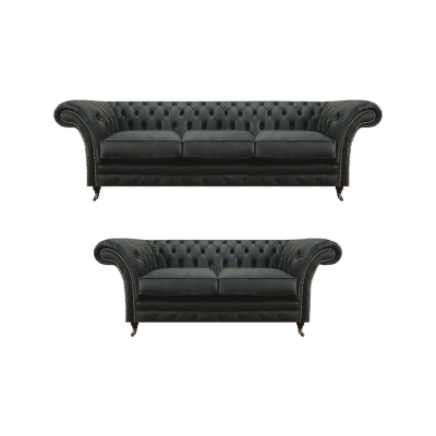 Modernais melnais Chesterfield dzīvojamais istabas trīsvietīgs dīvāns ar divvietīgu dīvānu.