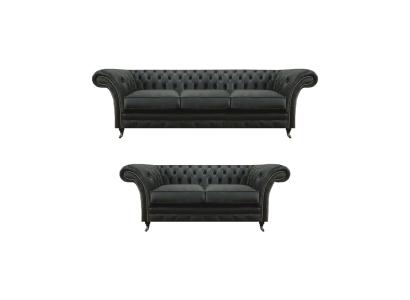 Modernais melnais Chesterfield dzīvojamais istabas trīsvietīgs dīvāns ar divvietīgu dīvānu.