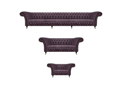 Luksusa dizaina dīvāngarnitūras komplekts 3 gabalus Chesterfield stila krāsā lillā mītņu istabas dīvāns.