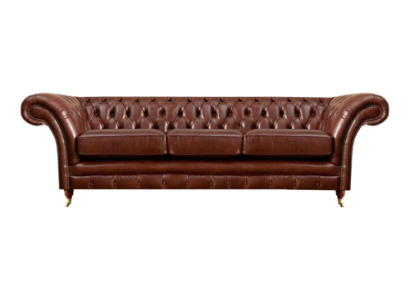 Trijvietīga dīvāna sofa Chesterfield mēbeles ar ādas atzveltni un polsterēšanu.