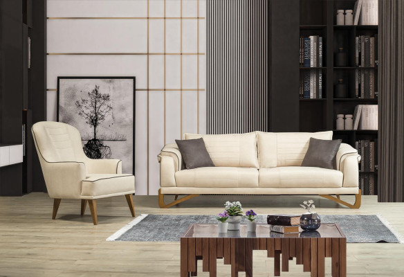 Sofas komplekts smilškrāsā ar koka rāmi, 3+1 sēdvietu dīvāns galdi.