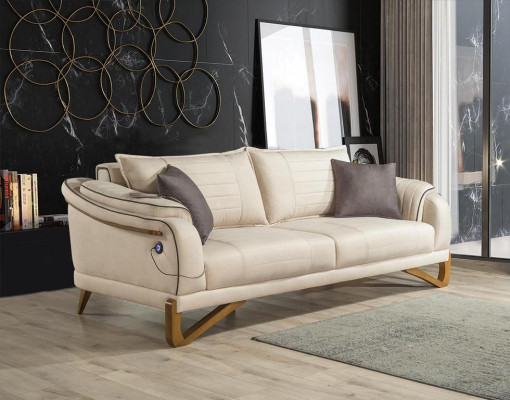 Sofas komplekts smilškrāsā ar koka rāmi, 3+1 sēdvietu dīvāns galdi.