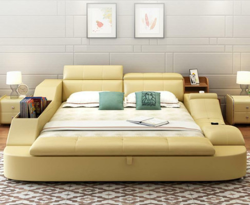 Vielu funkciju gulta luksusa dizains ādas gultas dubultais dekoratīvais plaukts 180x200cm