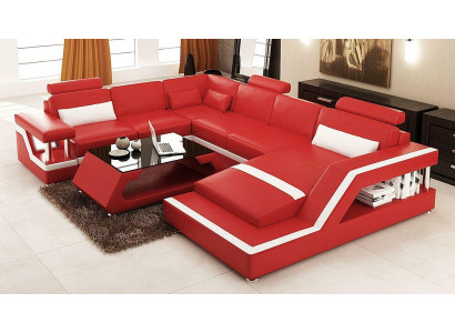 Sarkanā stūra ādas sofa, liela XXL U formas dzīvojamā zona dīvāns dīvāns