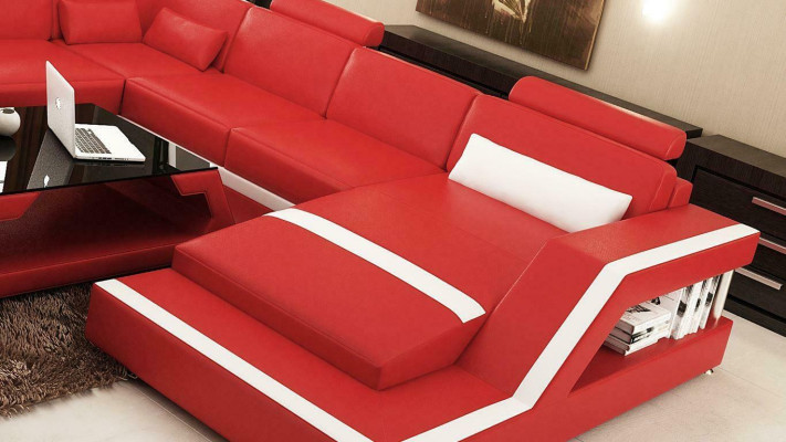Sarkanā stūra ādas sofa, liela XXL U formas dzīvojamā zona dīvāns dīvāns