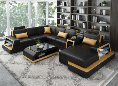 U formas dīvāns ar polsterējumu, stūru un dizainu no ādas dzīvojamās istabas zonai.