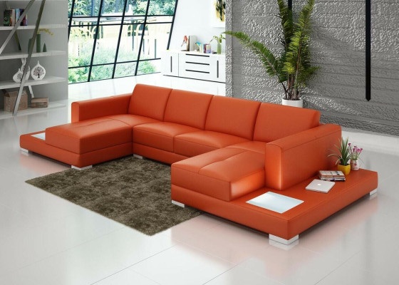 U form Sofa Couch Polster Garnitur Wohnlandschaft Design Ecksofa Leder - U formas dīvāns ar ādas dizaina stūra dīvānu un polsterētu komplektu.