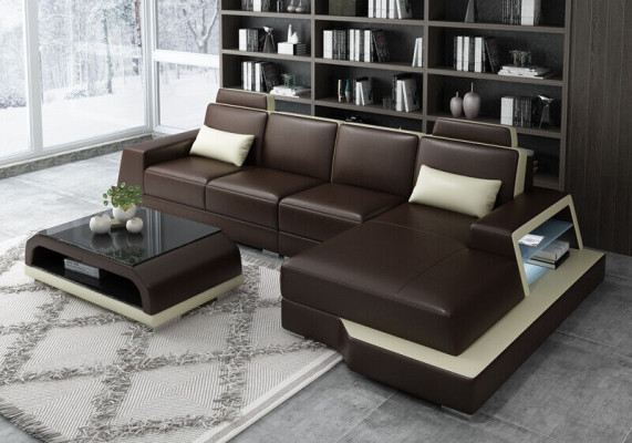 Stūra sofa Dīvāns Dzīvojamā istaba L veida Polster Couch Ādas dīvāns Bēšs Dīvāns
