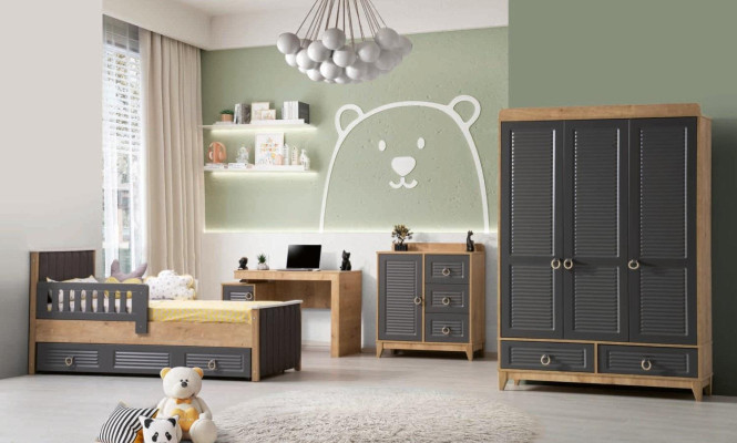 Complete child furniture child bed wooden furniture set 4 pcs children's room gray