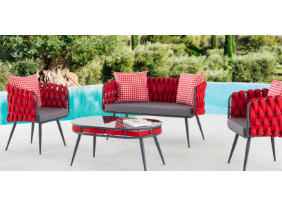 Sarkanā dārza garnitūra - luksusa sēdvietas, galds, dīvāns un terases sofa, 4 daļas.