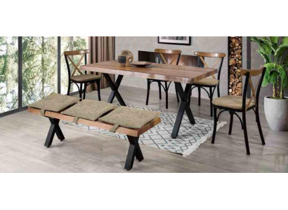 Ēdamgalds no koka un 4 krēsli ar polsterētu sēdekli un sols ēdamistabai