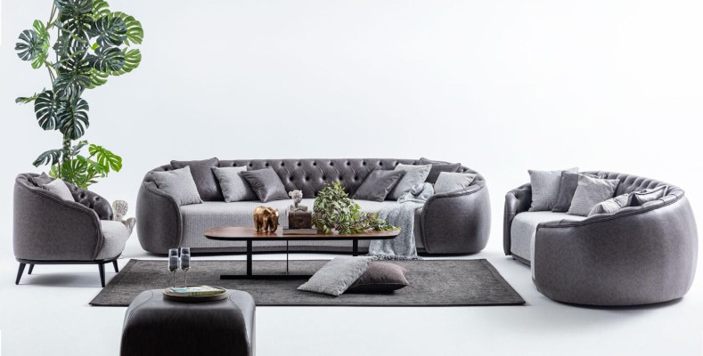 Luksusa villu mēbeles Pelēkā Chesterfield dīvāngarnitūra auduma dīvāni Tekstilizstrādājumi 4+3+1