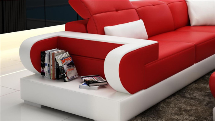 Stūra dīvāns, dīvānkomplekts, ādas dīvāns, stūra polster, pufa komplekts, sarkans dizainera dīvāns, jaunu