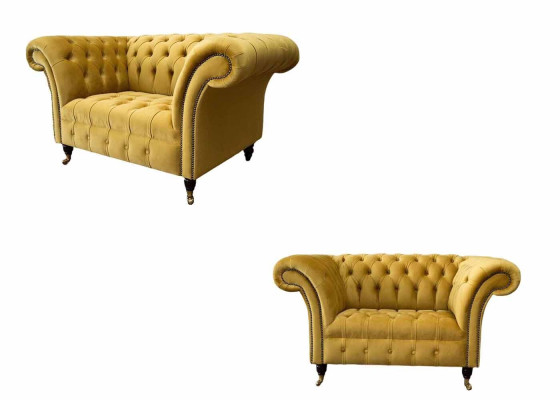 Krēsls Chesterfield Mēbeļu komplekts 2 vienvietīgie krēsli, dīvāns, gultne dzeltenā krāsā, tekstila pārklājums.