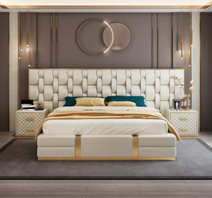 Gultas remonta dizains luksusa divvietīgas gultas guļamistabai, jaunās viesnīcas gulta.