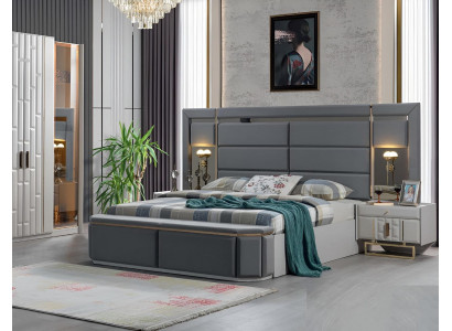 Guļamistabas komplekts ar divguļamā gultu un diviem nakts plaukts, jauns luksusa mēbeļu komplekts iekārta.