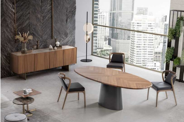 Luksusa ēdamistabas komplekts ar mūsdienīgu dizainu - ēdamgalds, 6 krēsli un 2 dīvāni.