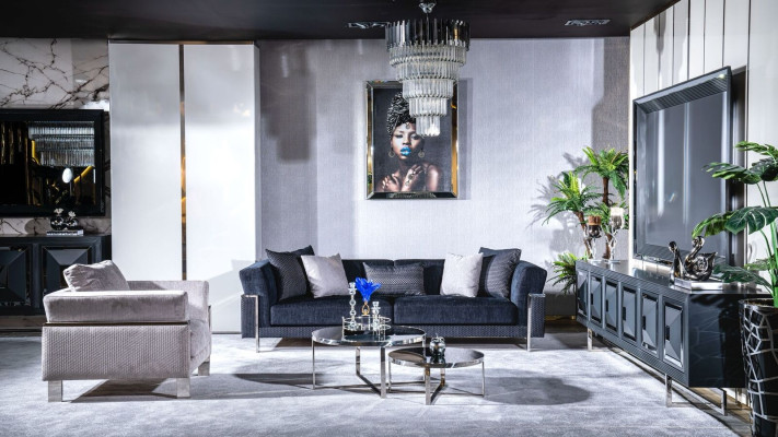 Luksusa dīvāns 3-istabu dīvāni auduma dīvāns Dizaina mēbeles Trīsvietīgs melns