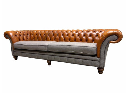 Klasiskā 4-vietīgā Chesterfield dīvāns brūnā krāsā - augstas kvalitātes tekstils un elegants ādas dizains