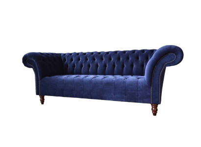Chesterfield dizaina luksusa mīkstā sofa ar 3 sēdvietām, zila auduma jauna